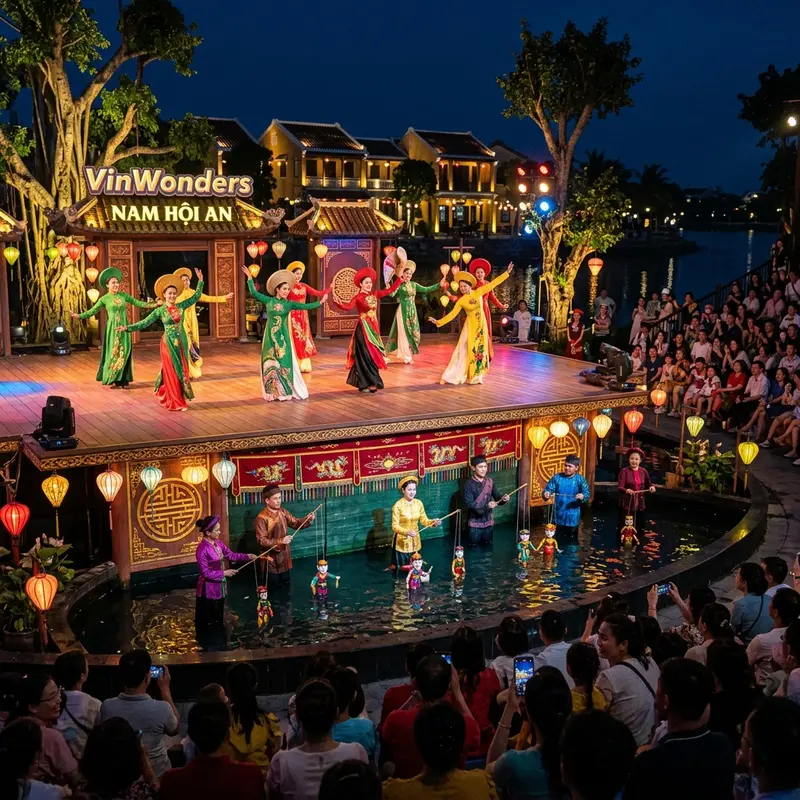 Show biểu diễn văn hóa dân gian tại VinWonders Nam Hội An, các vũ công mặc trang phục truyền thống Chăm Pa biểu diễn dưới ánh đèn sân khấu lộng lẫy