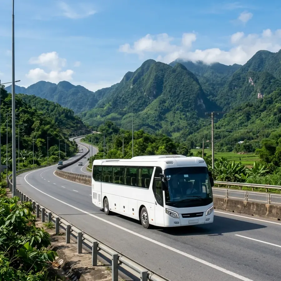 Xe khách cỡ lớn chạy trên cao tốc miền Trung phục vụ đoàn du lịch