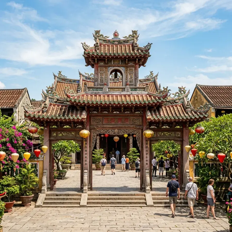 Cổng chùa cổ kính với mái ngói truyền thống tại Hội An