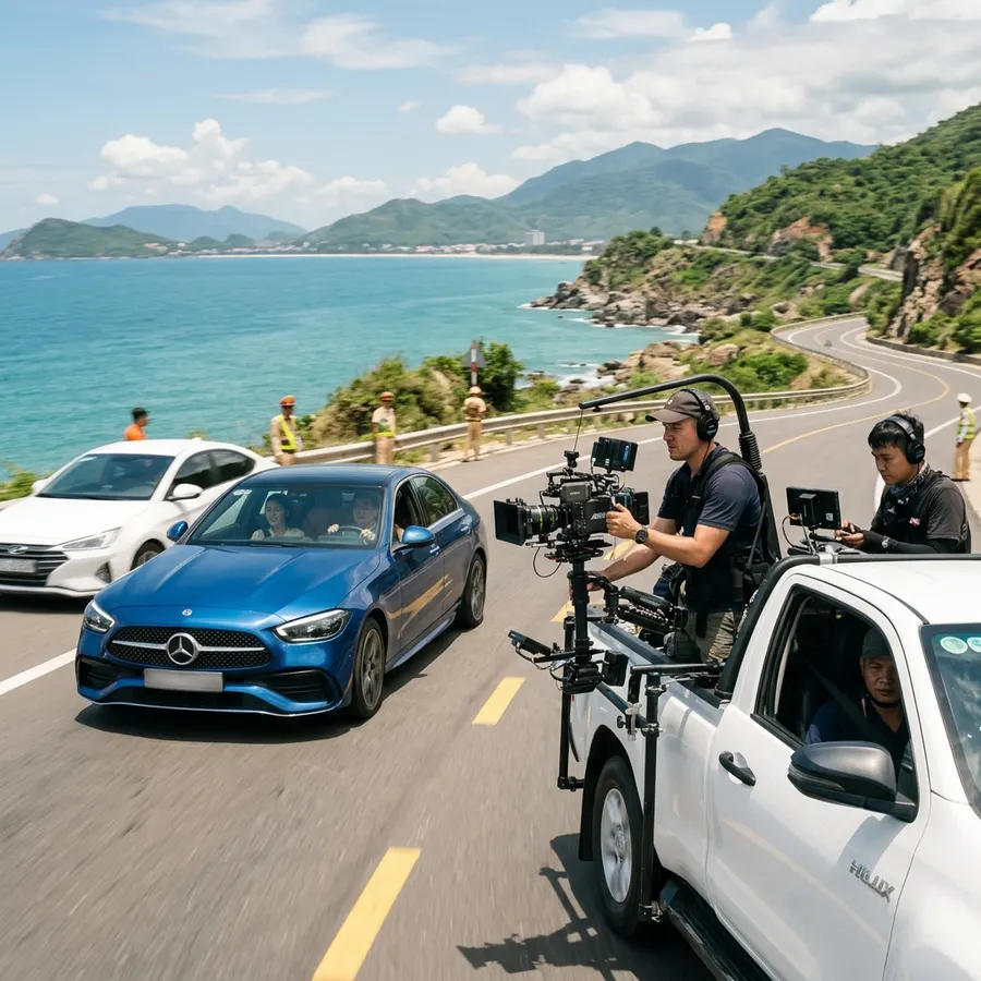 Đoàn làm phim chuyên nghiệp đang thực hiện cảnh quay xe ô tô