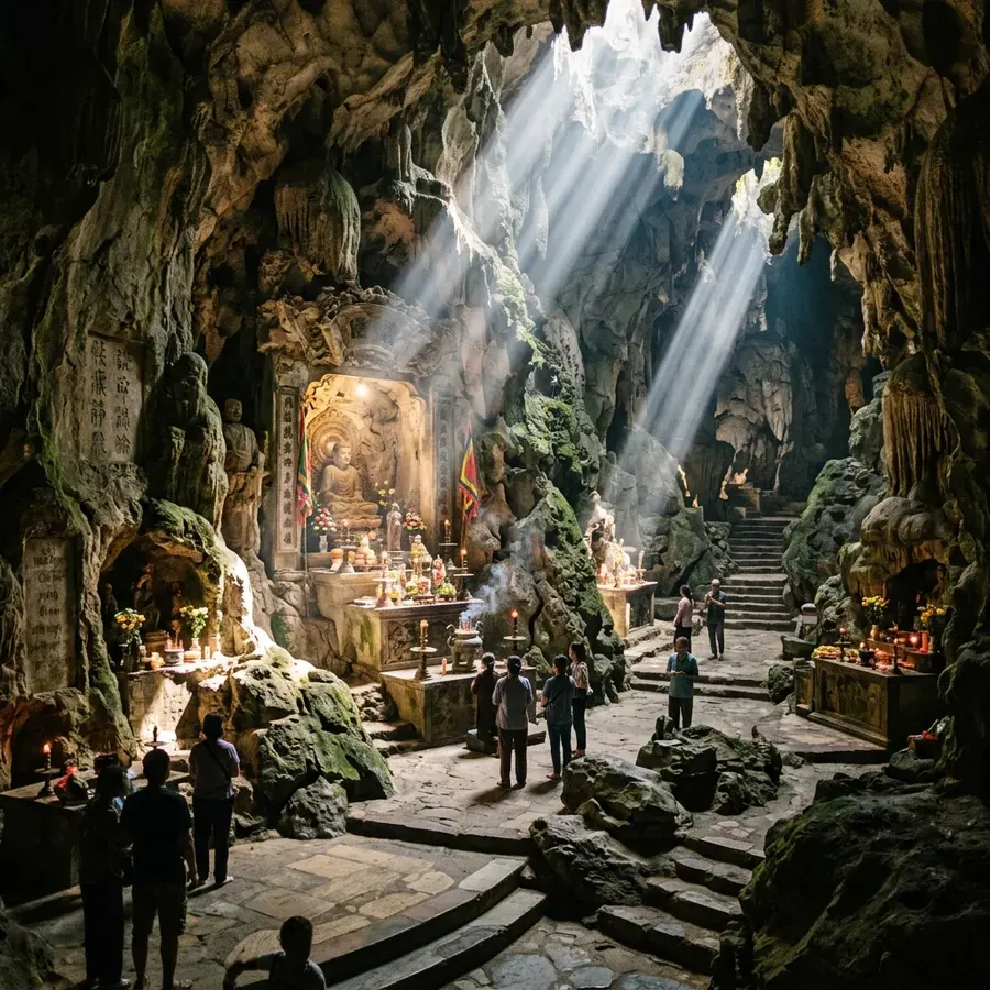 Ánh sáng huyền ảo chiếu vào động Huyền Không tại Ngũ Hành Sơn