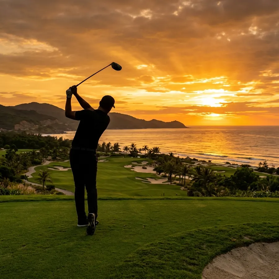 Golfer swing hoàng hôn trên sân golf Đà Nẵng