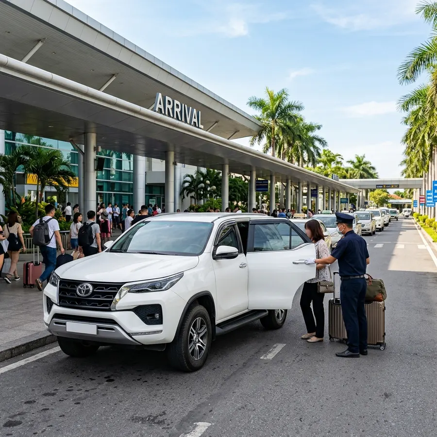 Tài xế Faifo Express cầm bảng tên đón khách tại sảnh sân bay Đà Nẵng