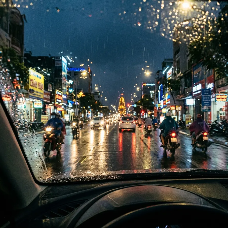Góc nhìn từ trong xe ô tô khi lái qua thành phố lúc trời mưa