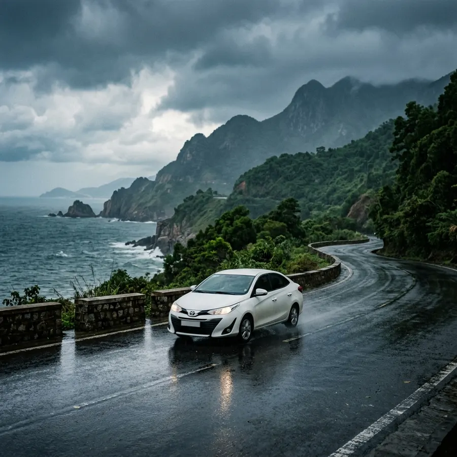 Xe sedan chạy an toàn trên đường mưa tại Đà Nẵng