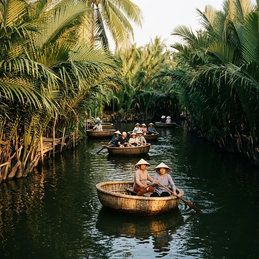 Rừng dừa Bảy Mẫu với thuyền thúng trên nước