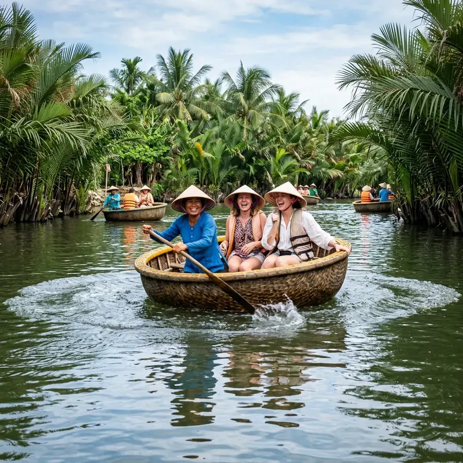 Thuyền thúng quay tròn trong rừng dừa Hội An