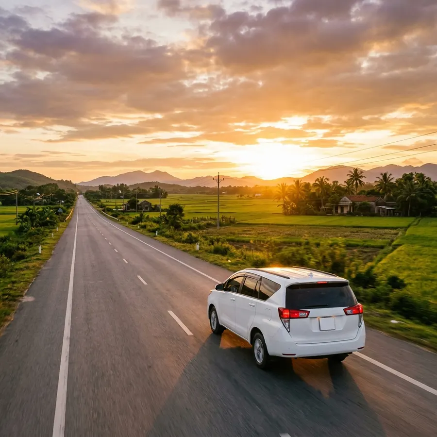 Toyota Innova trên đường dài hoàng hôn vàng