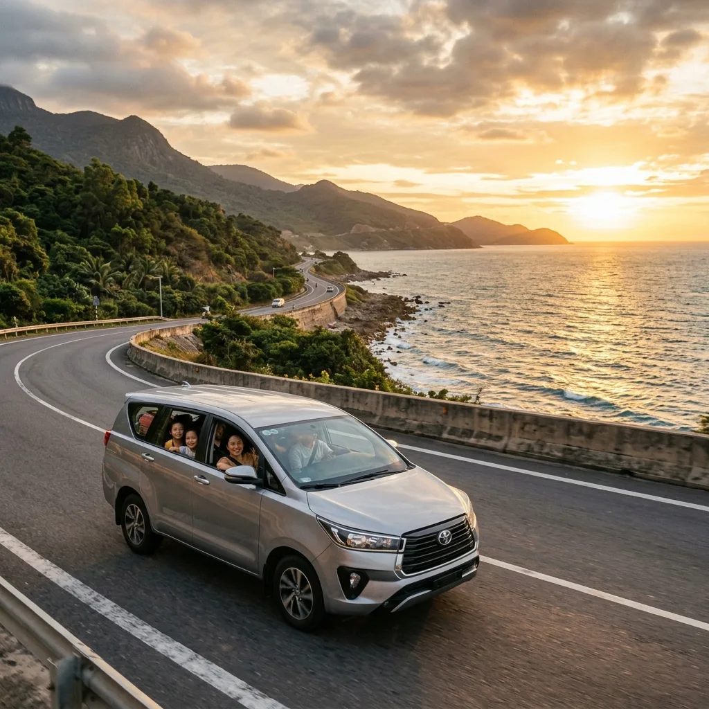 Xe gia đình 7 chỗ êm ái Toyota Innova lướt trên cung đường biển hoàng hôn