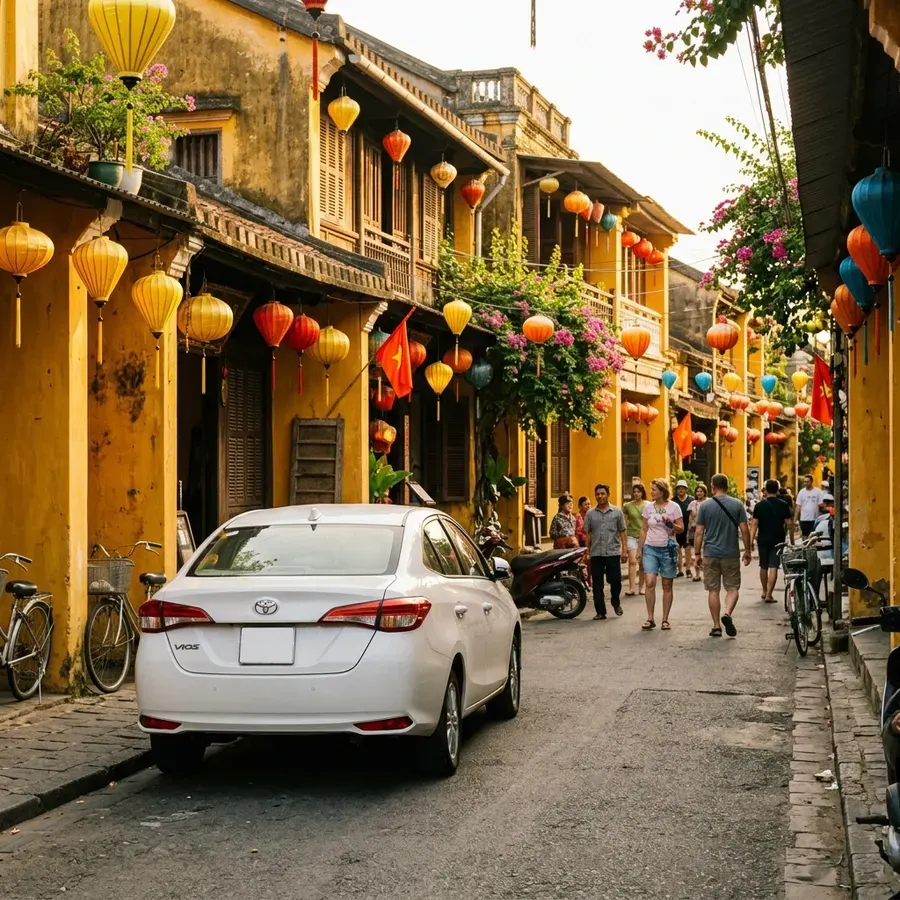 Xe 4 chỗ đỗ trên phố cổ Hội An