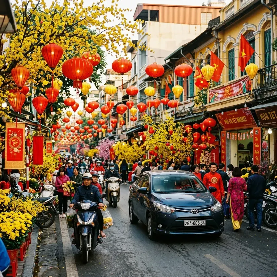 Xe du lịch chạy trên đường phố trang hoàng rực rỡ dịp Tết