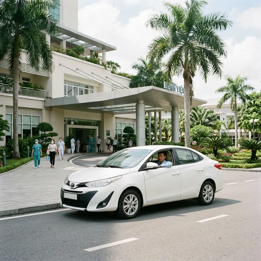 Xe sedan đón bệnh nhân trước bệnh viện